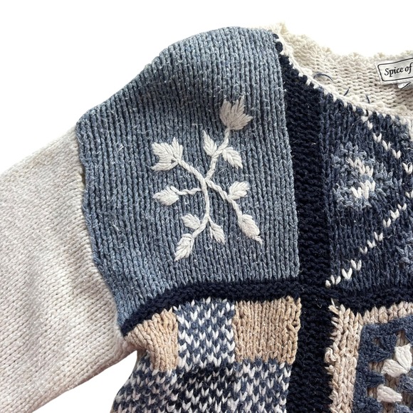 Spice of Life Vintage Med Blue Beige Patchwork Granny Square Sweater Cottagecore - Picture 7 of 16